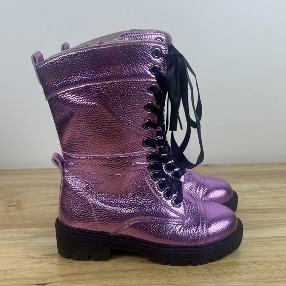 A Bear Co Girls Size 12 Purple Metallic Mid height Lace Up & Zip Combat Boots - Picture 1 of 9